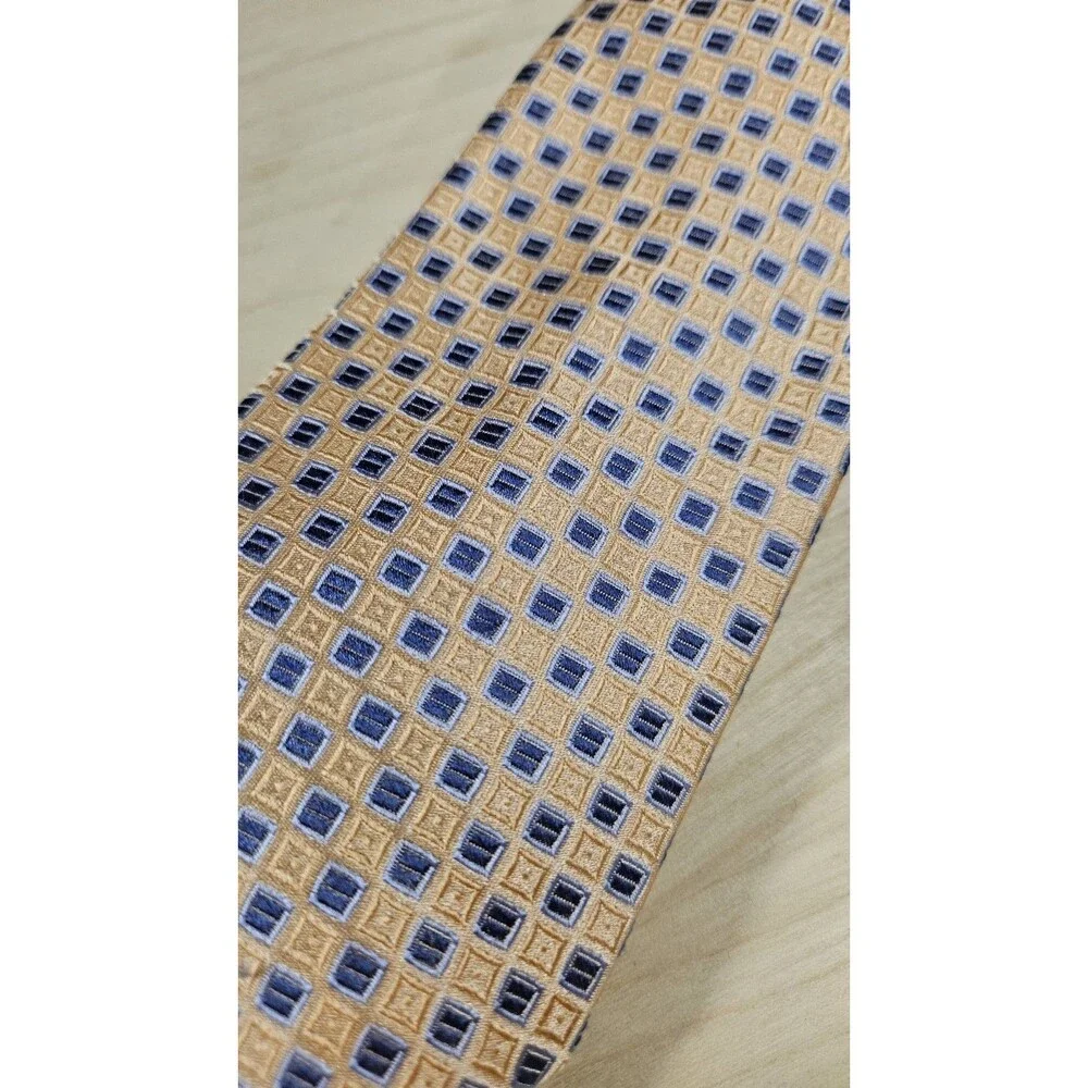 Tommy Hilfiger 100% Silk Tie Gold Blue Geometric Men's Designer Necktie